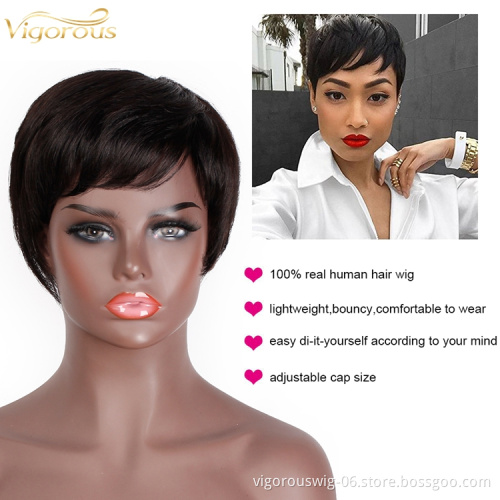 High Quality Wholesale 100% Real Brazilian Raw Short Pixie Cut Natural Black Human Hair Wigs With Side Bangs For Black Women